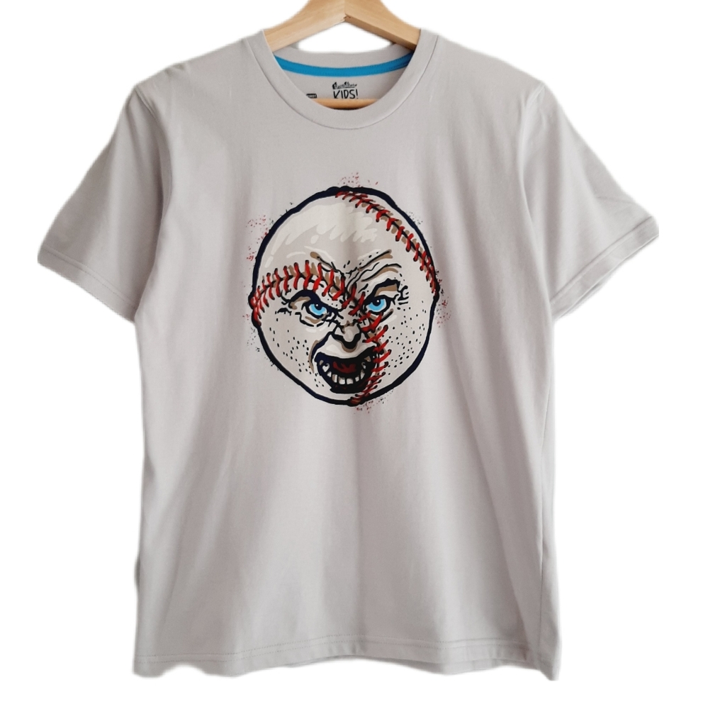 🍒 THREADLESS Angry Baseball Crewneck T-Shirt Grey Kids Sz M